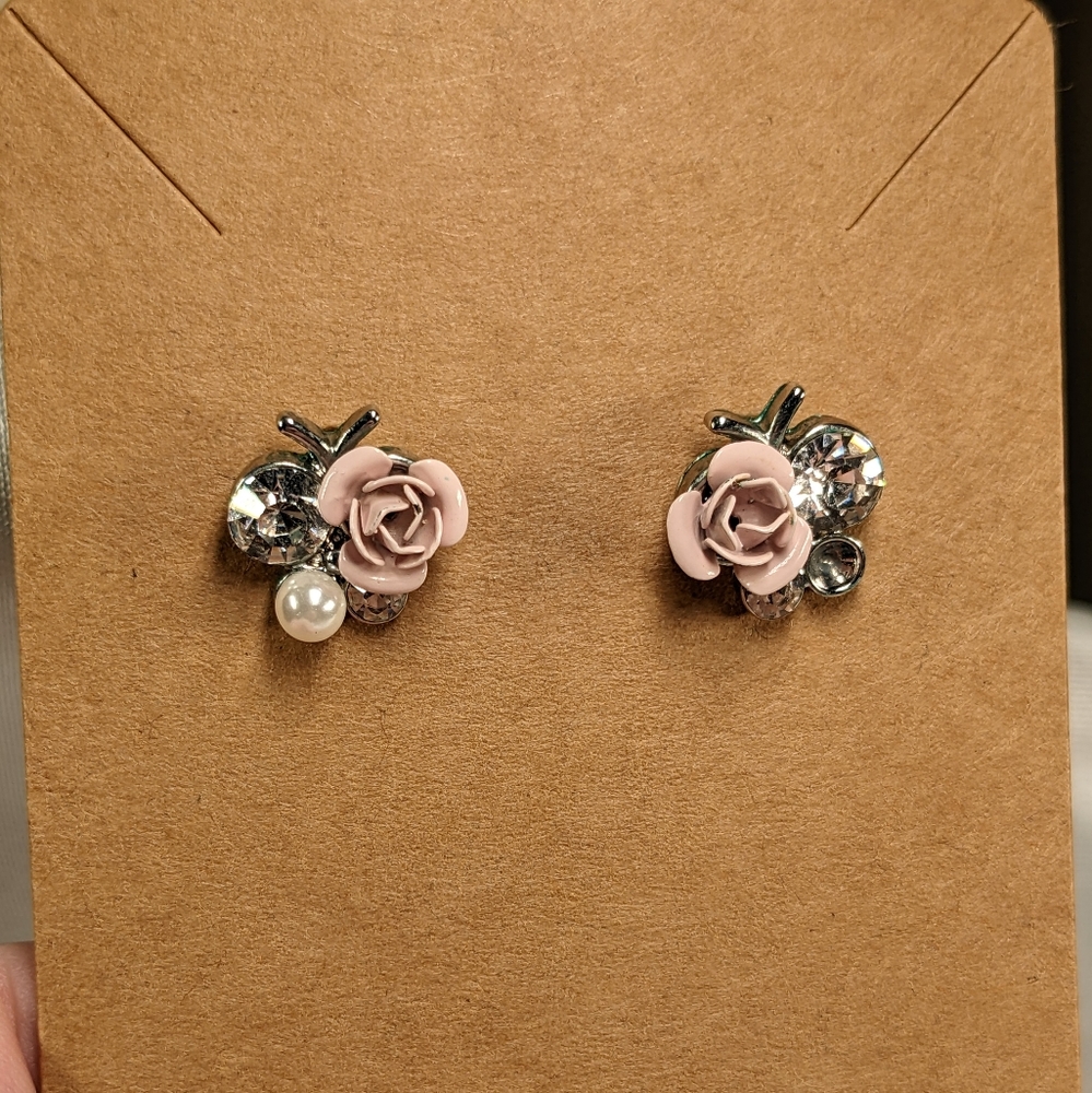 Lauren Conrad pink rose earrings with diamond rhinestone and pearl